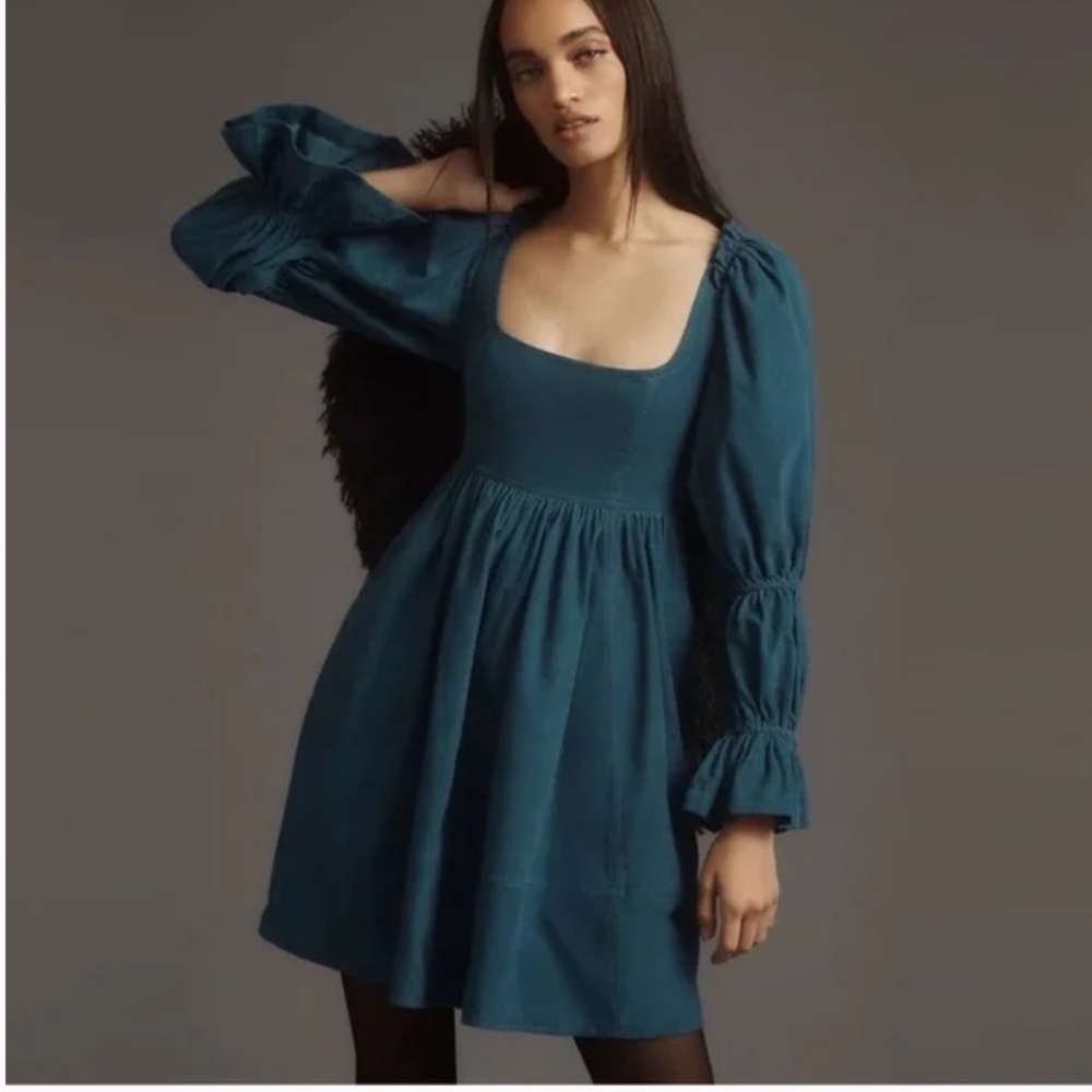 Size Small Anthropologie Blue PILCRO SQUARE-NECK CORDUROY BABYDOLL MINI DRESS